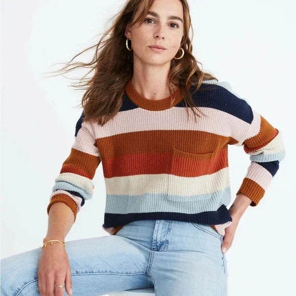 Madewell Thompson Pocket Pullover Sweater in Rainbow Stripe Size Small - Picture 1 of 7